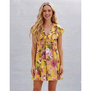 NWT Umgee Yellow Floral Print Dress Size Large Flutter Sleeve Tiered Boho...